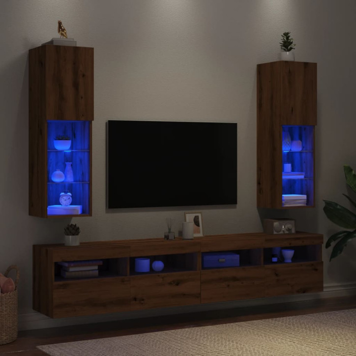 TV spintelės su LED, 2vnt., rudos ąžuolo, 30,5x30x102cm