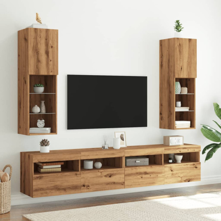 TV spintelės su LED, 2vnt., rudos ąžuolo, 30,5x30x102cm