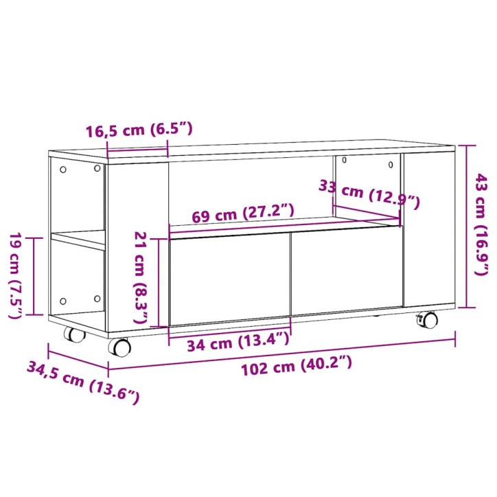 TV spintelė su ratukais, medienos, 102x34,5x43cm, mediena