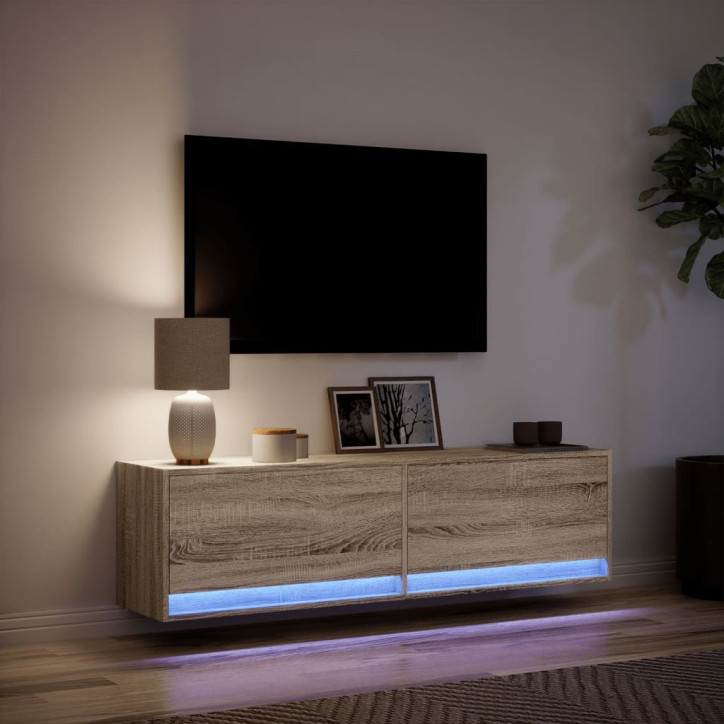 Sieninė TV spintelė su LED lemputėmis, ąžuolo, 140x31x38cm