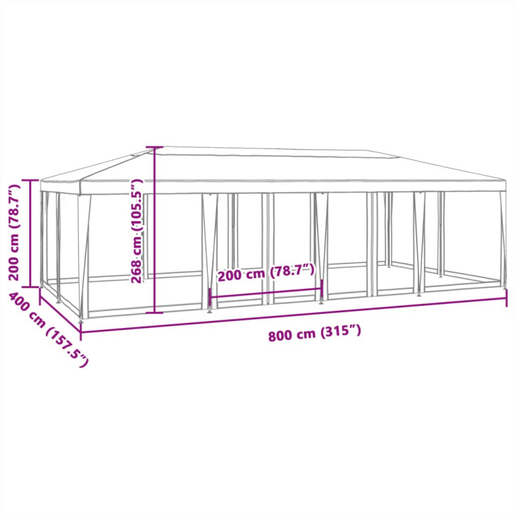 Proginė palapinė su 12 tinklinėmis sienomis, balta, 8x4m, HDPE