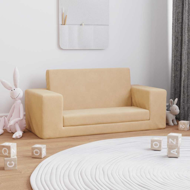 Vaikiška dvivietė sofa-lova, kreminės spalvos, minkštas pliušas