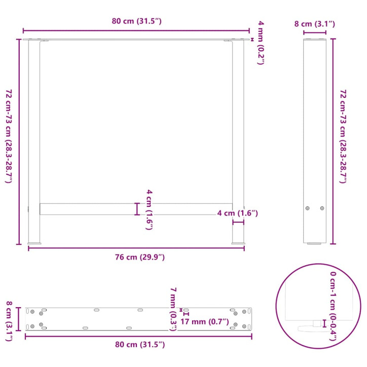 Kavos staliuko kojelės, juoda, 2 vnt., 80x(72-73)cm, plienas