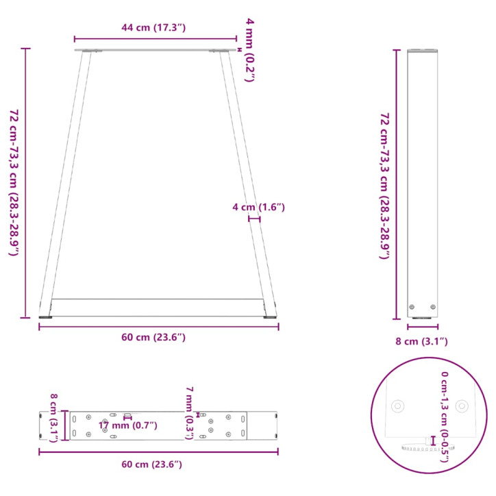 Kavos staliuko kojelės, V formos, 2 vnt., 60x(72-73)cm, plienas