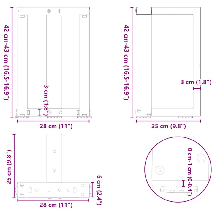 Kavos staliuko kojelės, T formos, 2 vnt., 28x25x(42-43)cm