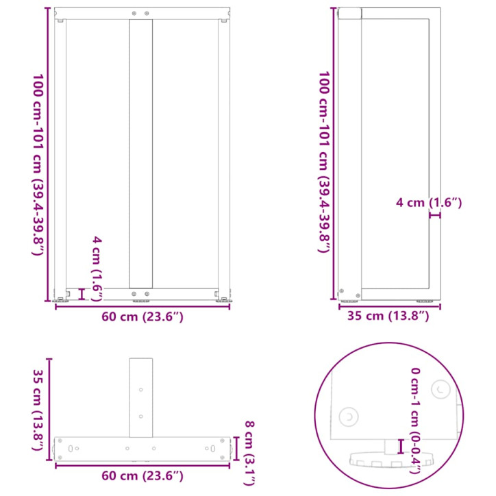 Baro stalo kojos, T formos, 2 vnt., juoda,60x35x(100-101)cm