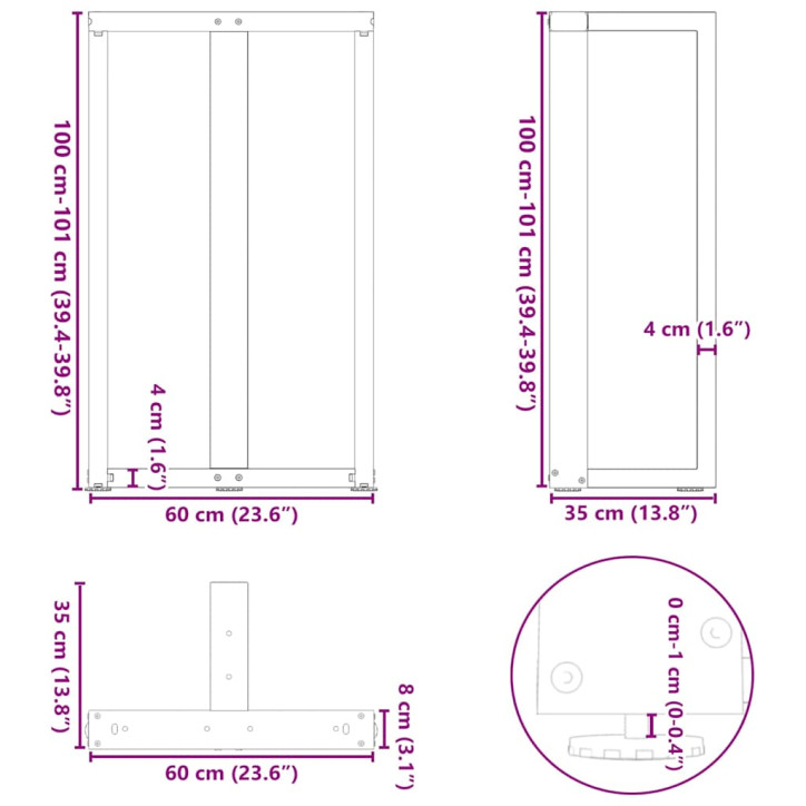 Baro stalo kojos, T formos, 2 vnt., 60x35x(100-101)cm, plienas