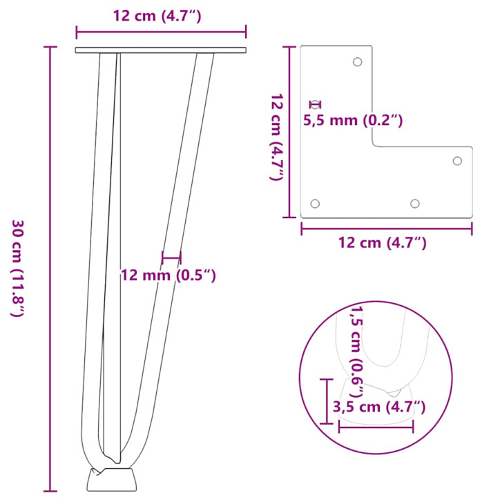 Plaukų segtukas stalo kojelės, 4 vnt., antracito, 30cm, plienas