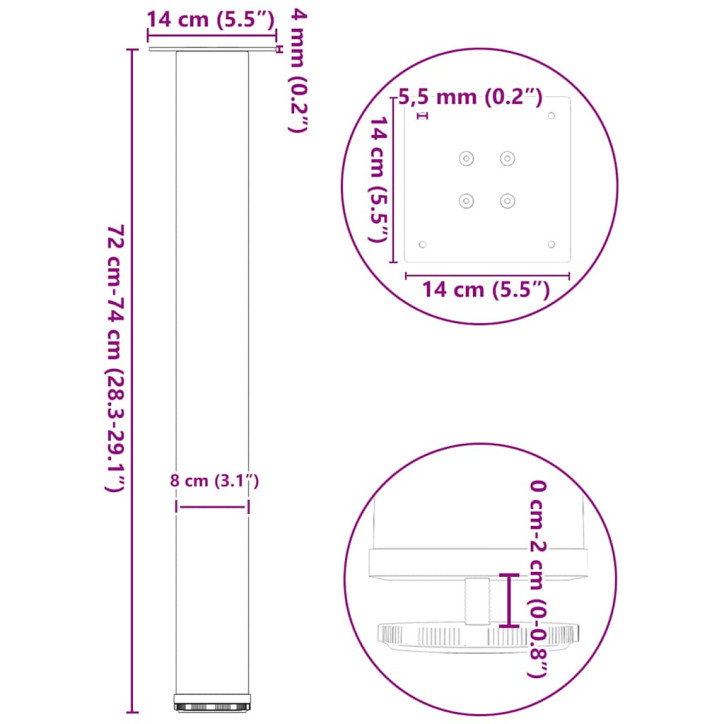 Kavos staliuko kojelės, 4 vnt., juoda, 72-74cm, plienas