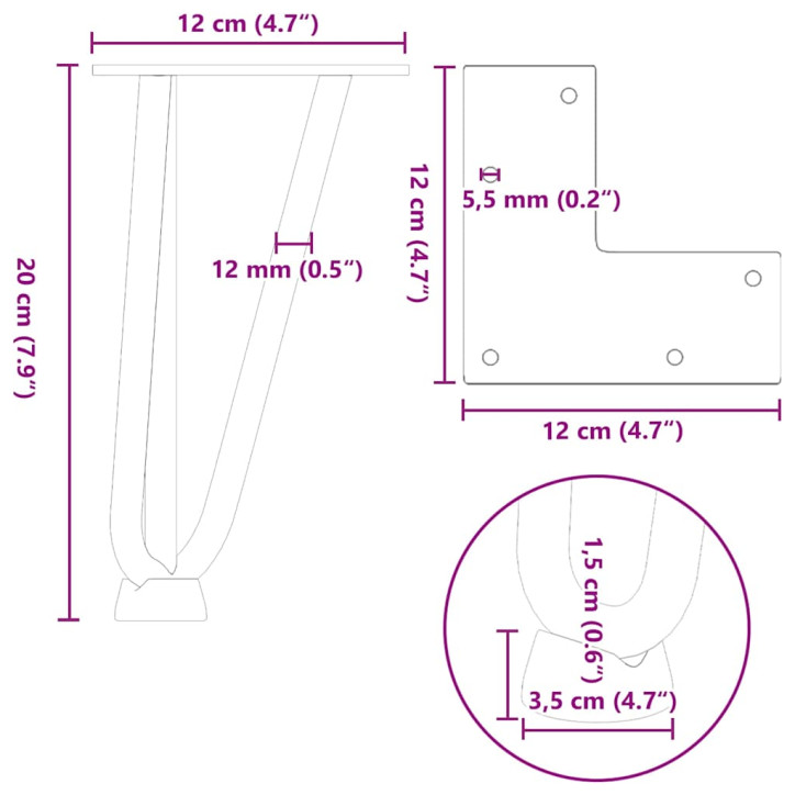 Plaukų segtukas stalo kojelės, 4 vnt., antracito, 20cm, plienas