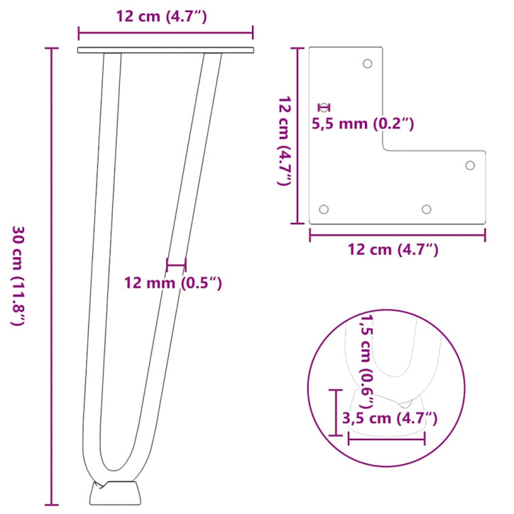 Plaukų segtukas stalo kojelės, 4 vnt., antracito, 30cm, plienas