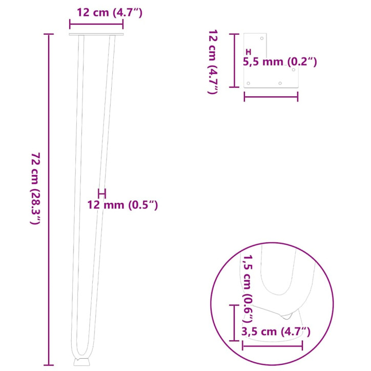 Plaukų segtukas stalo kojelės, 4 vnt., antracito, 72cm, plienas