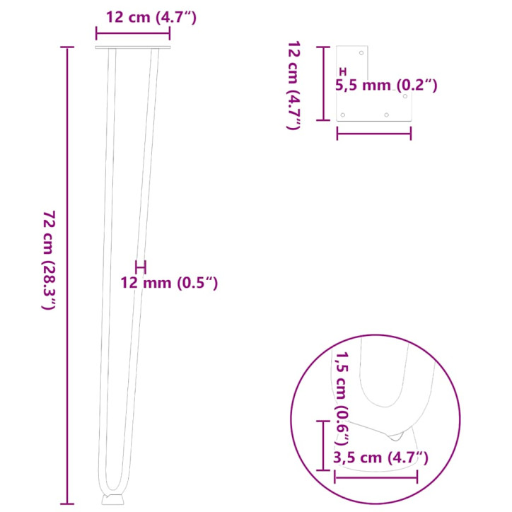 Plaukų segtukas stalo kojelės, 4 vnt., juoda, 72cm, plienas