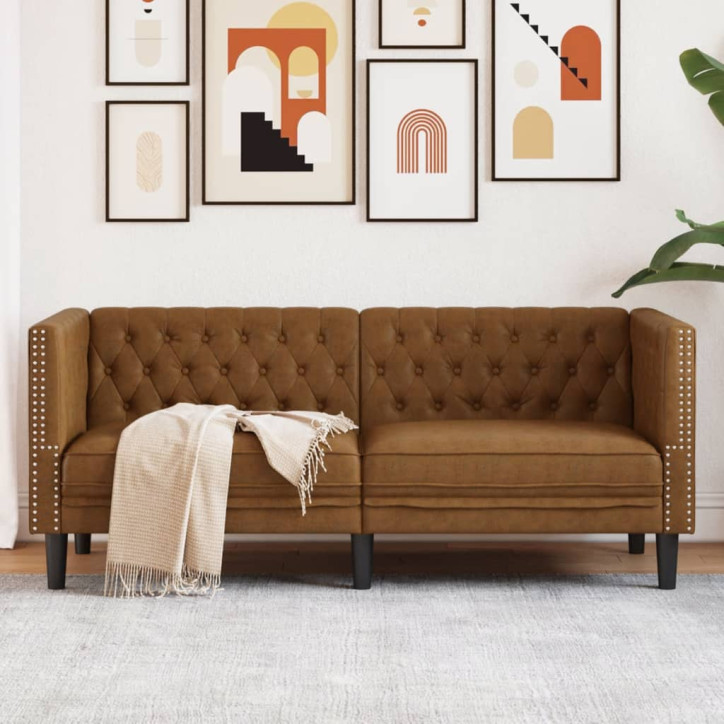 Dvivietė chesterfield sofa, rudos spalvos, dirbtinė versta oda