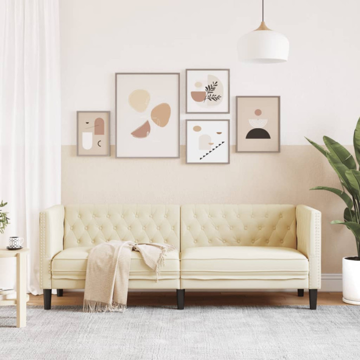 Trivietė chesterfield sofa, kreminės spalvos, dirbtinė oda