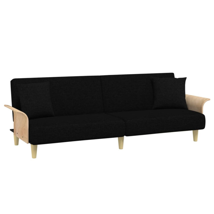 Dvivietė sofa-lova su pagalvėmis ir pakoja, juoda, aksomas