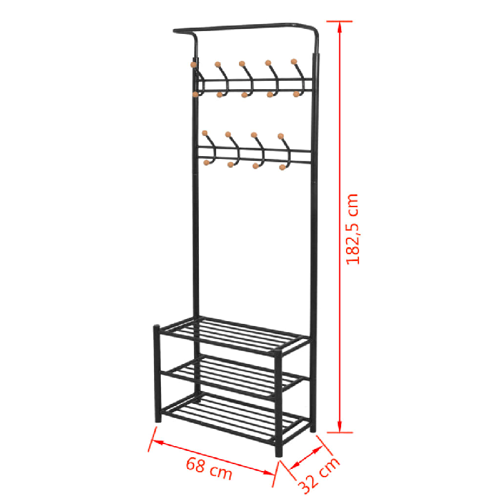 Drabužių kabykla su lentynomis batams, 68x32x182,5 cm juoda