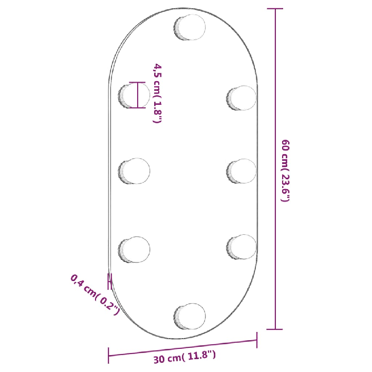 Veidrodis su LED lemputėmis, 60x30cm, stiklas, ovalo formos