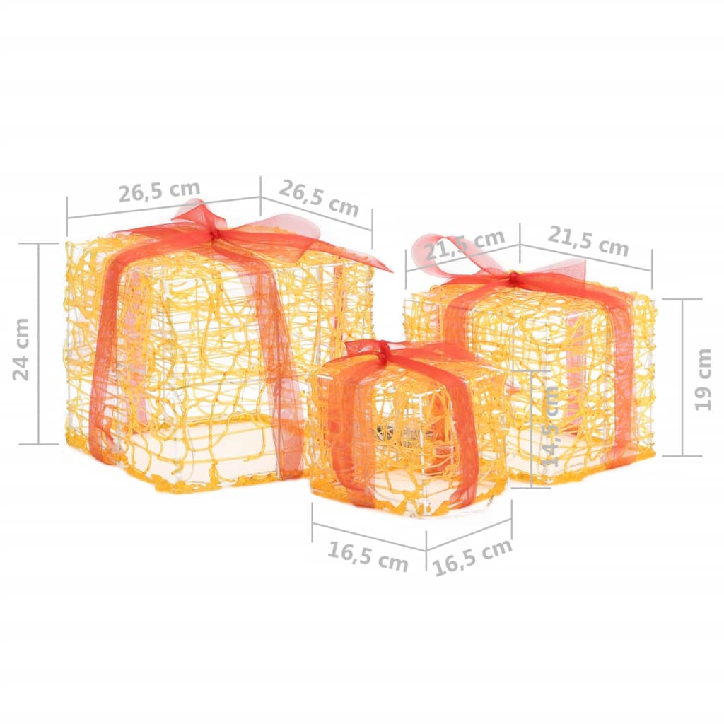 Kalėdų dekoracija dovanų dėžutės, 3vnt., šiltos baltos, akrilas