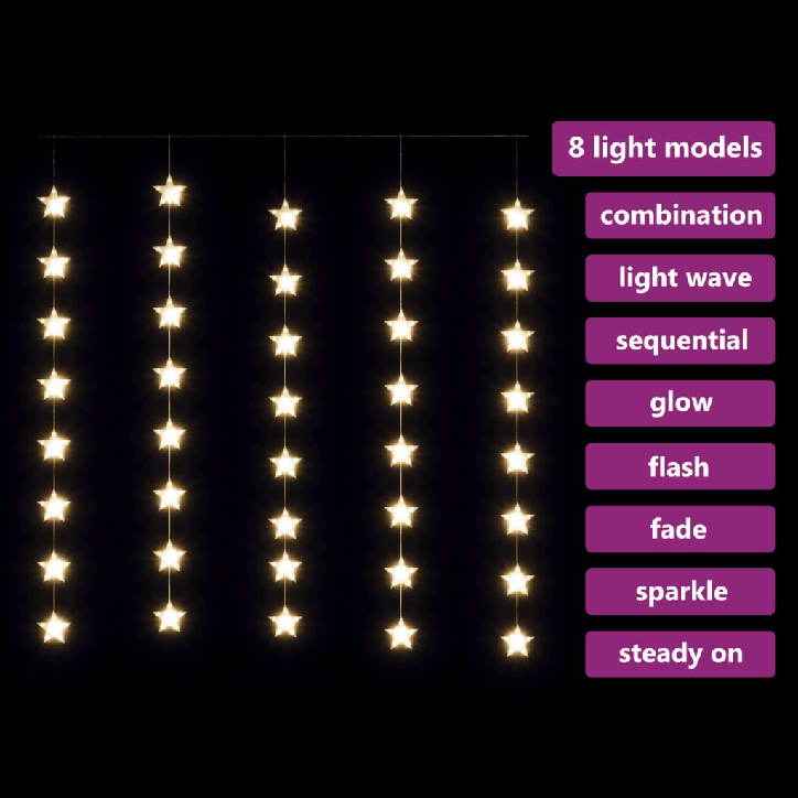 LED žvaigždžių užuolaida, 200 šiltų baltų LED lempučių