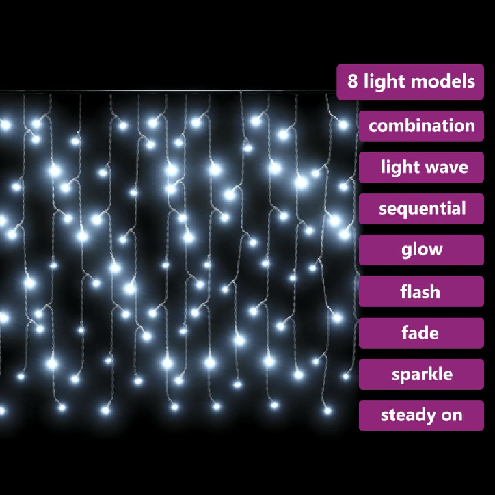 LED girlianda varvekliai, 10m, 400 šaltų baltų LED, 8 funkcijos