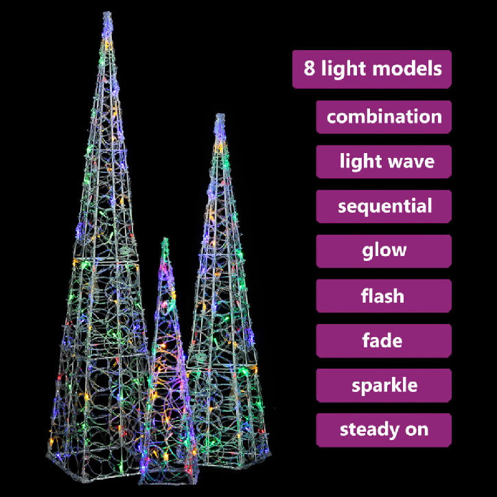 Akrilinė LED dekoracija kūgiai, įvairių spalvų, 60/90/120cm