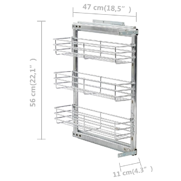 Ištraukiamas vielinis virtuvės krepšys, 47x11x56cm, 3 lentynos