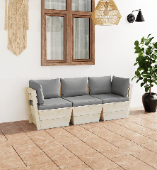 Trivietė sodo sofa iš palečių su pagalvėlėmis, eglės mediena