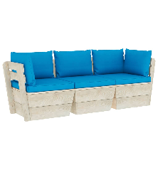 Trivietė sodo sofa iš palečių su pagalvėlėmis, eglės mediena