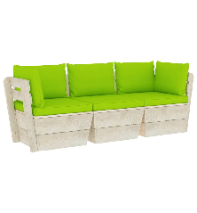 Trivietė sodo sofa iš palečių su pagalvėlėmis, eglės mediena