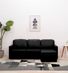 Trivietė sofa-lova, juodos spalvos, dirbtinė oda, modulinė