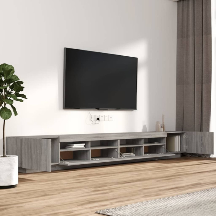 TV spintelių komplektas su LED, 3 dalių, pilkas ąžuolo, mediena