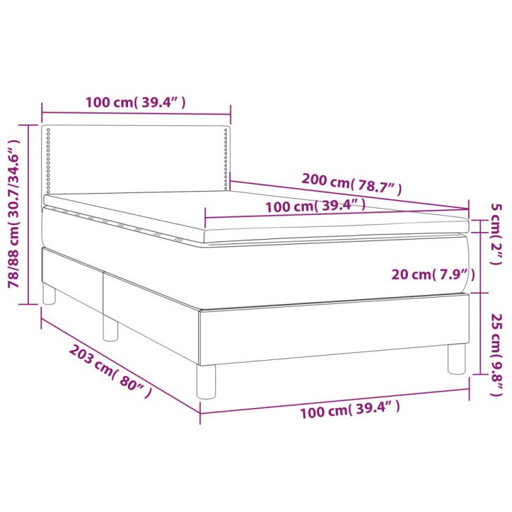 Lova su spyruoklėmis/čiužiniu/LED, pilka 100x200cm dirbtinė oda