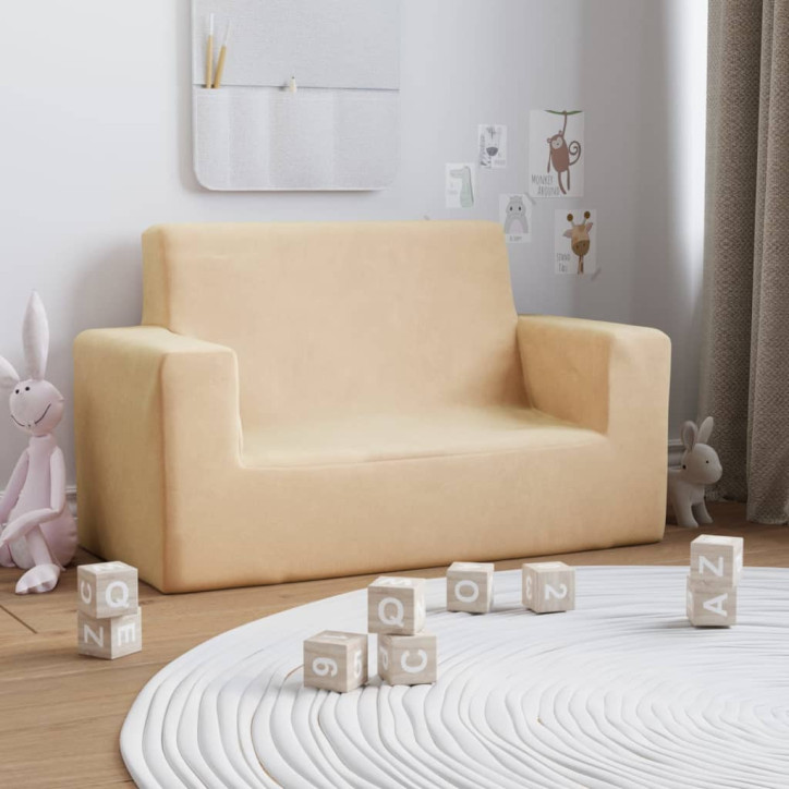 Dvivietė vaikiška sofa, kreminės spalvos, minkštas pliušas