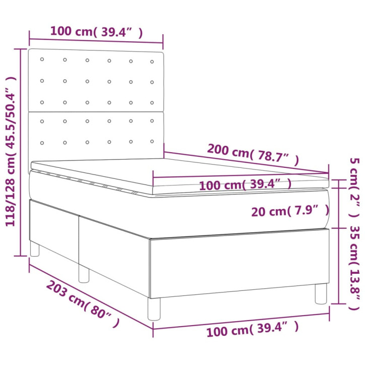 Lova su spyruoklėmis/čiužiniu/LED, pilka 100x200cm dirbtinė oda