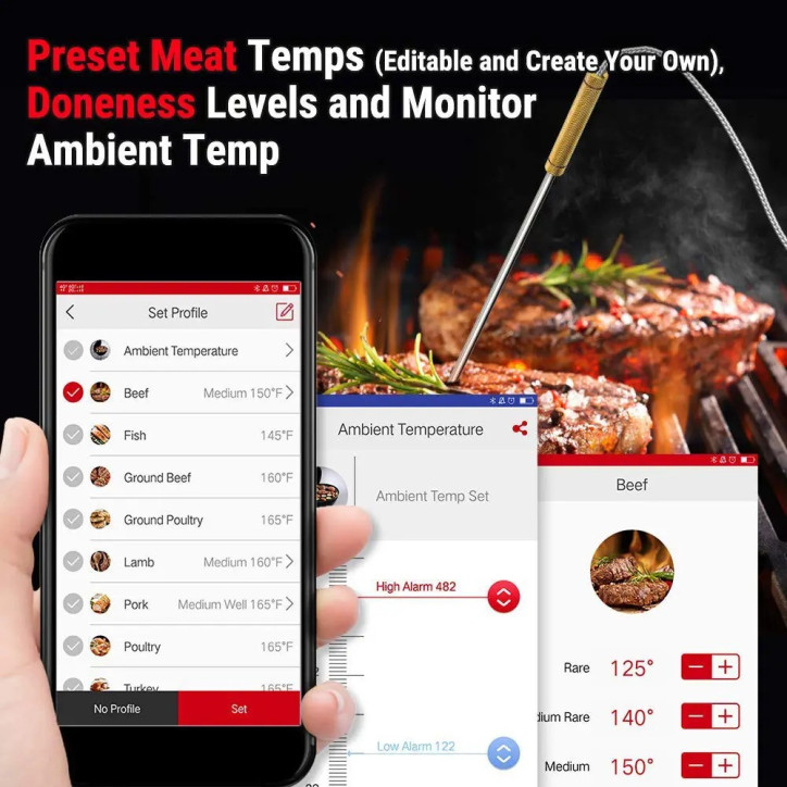 ThermoPro TP25 bevielis Bluetooth skaitmeninis maisto termometras su 4 spalvotais zondais