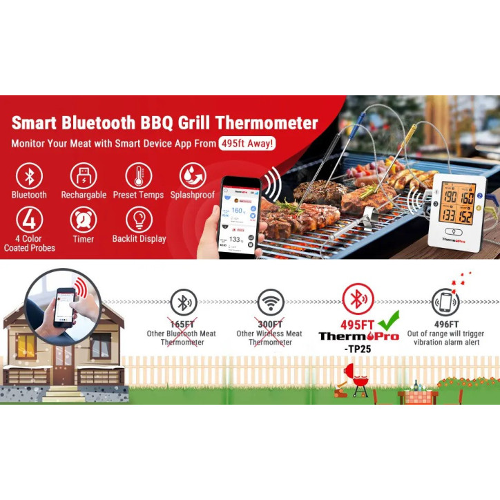 ThermoPro TP25 bevielis Bluetooth skaitmeninis maisto termometras su 4 spalvotais zondais