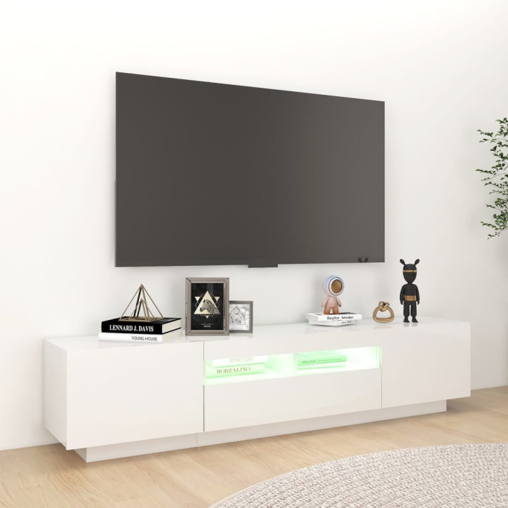 TV spintelė su LED apšvietimu, balta, 180x35x40cm, blizgi