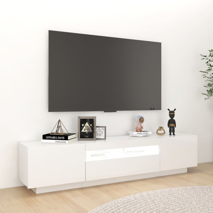 TV spintelė su LED apšvietimu, balta, 180x35x40cm, blizgi