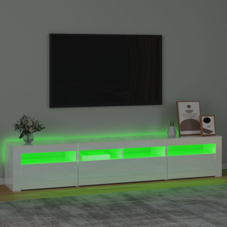 TV spintelė su LED apšvietimu, balta, 210x35x40cm, blizgi