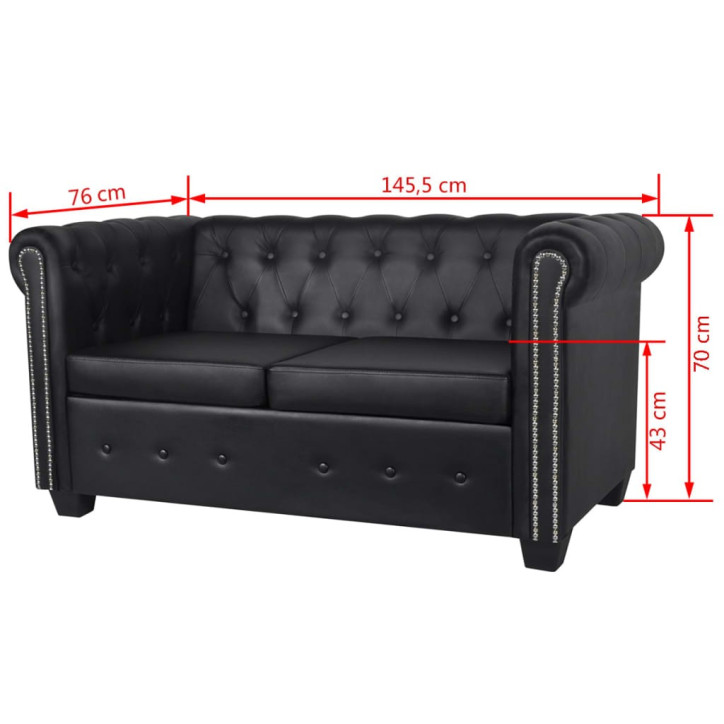 Chesterfield dvivietė sofa, dirbtinė oda, juoda