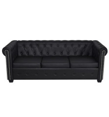 Chesterfield trivietė sofa, dirbtinė oda, juoda