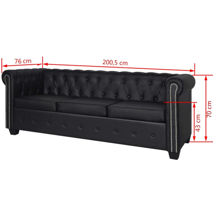 Chesterfield trivietė sofa, dirbtinė oda, juoda