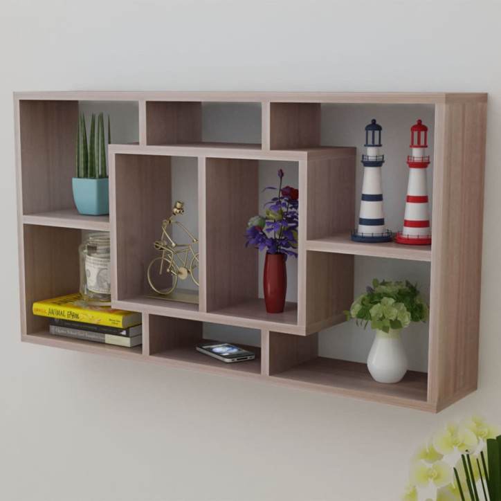 242549 Floating Wall Display Shelf 8 Compartments Oak Colour