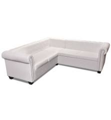 Chesterfield penkiavietė kampinė sofa, dirbtinė oda, balta