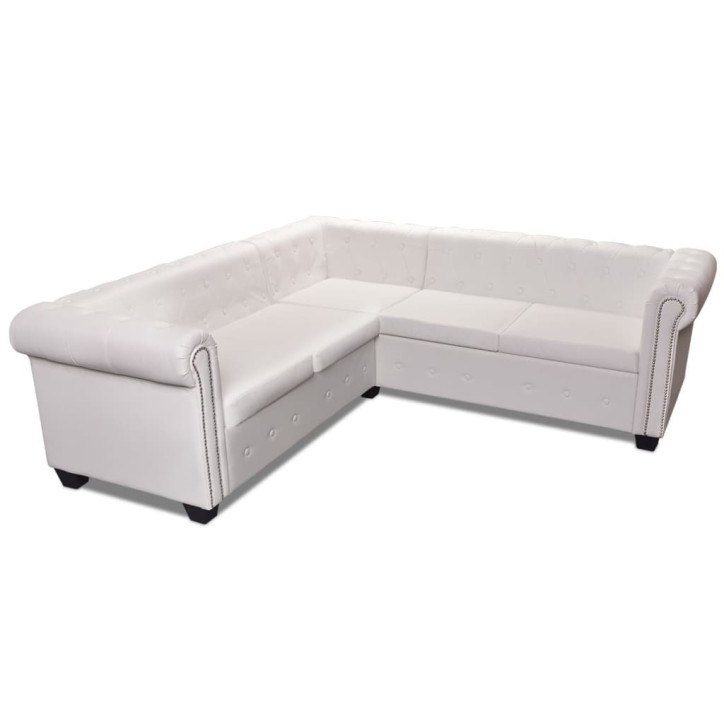 Chesterfield penkiavietė kampinė sofa, dirbtinė oda, balta