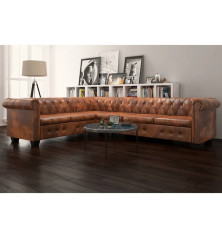 Chesterfield kampinė šešiavietė sofa, dirbtinė oda, ruda