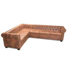 Chesterfield kampinė šešiavietė sofa, dirbtinė oda, ruda