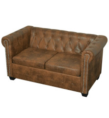 Chesterfield dvivietė sofa, dirbtinė oda, ruda