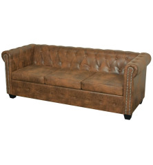 Chesterfield trivietė sofa, dirbtinė oda, ruda